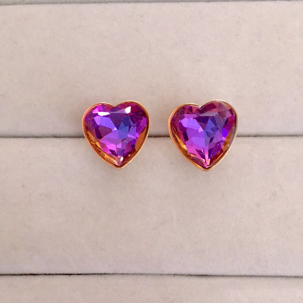 Violet Blue Sapphire Topaz + Gold Crystal Heart Earrings